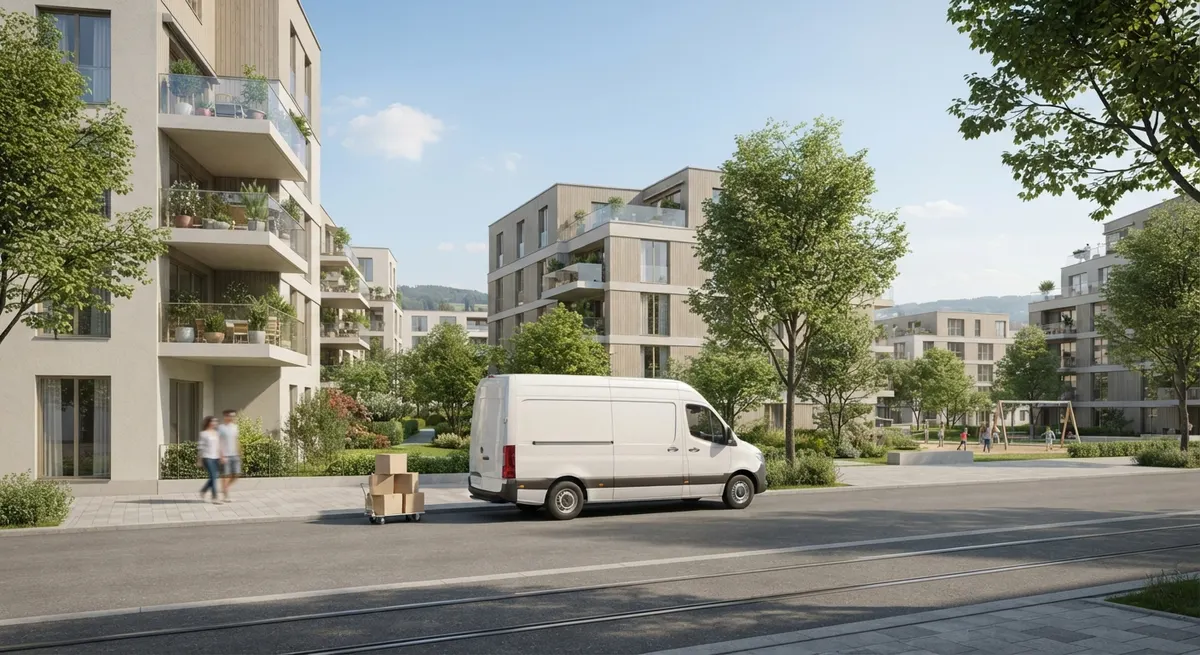 Wohnhochhäuser und Gewerbebauten in Zürich Altstetten bei Abendlicht