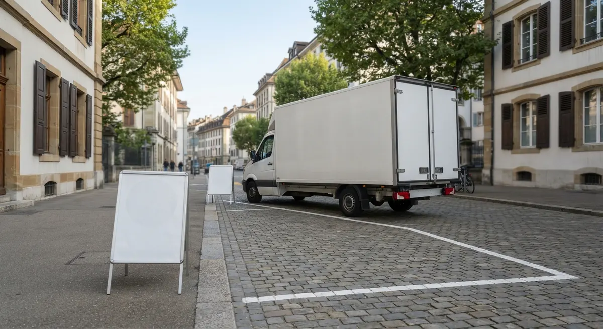 Reserviertes Parkfeld mit Signalisation vor einem Wohnhaus in Zürich